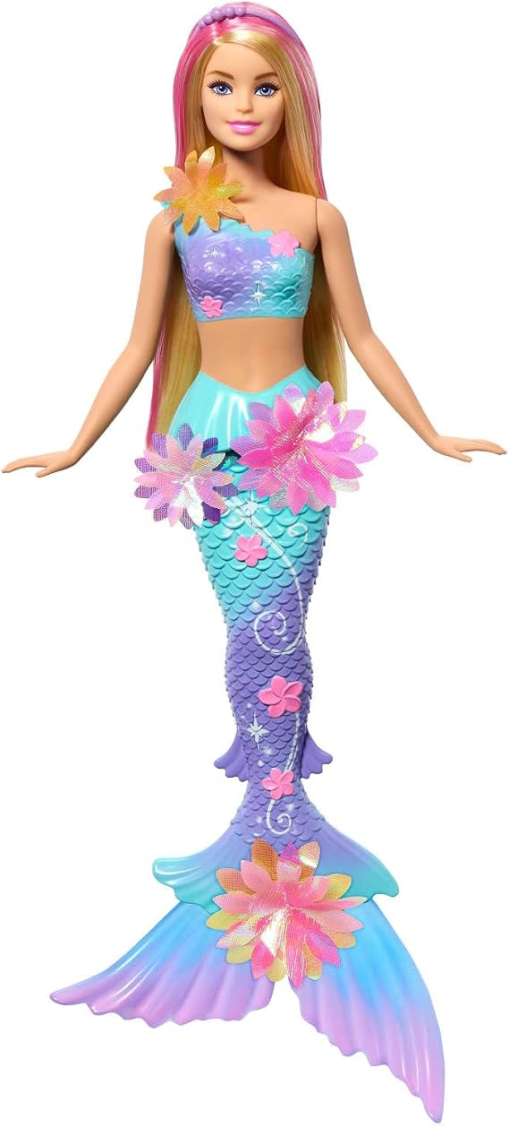 Barbie deniz kızı oyuncakları, Sürpriz çiçek açma özelliğiyle renk geçişli kuyruğu, incili saç bandı ve pembe röfleli uzun sarı saçları olan, JDM72