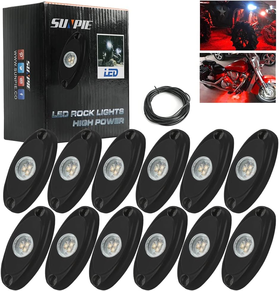 SUNPIE 12 Pods Red Rock Lights Kits for Off Road Truck Car ATV SUV Motorcycle Under Body Glow Light Lamp Trail Fender Lighting, Extension Wires ProvidedRed