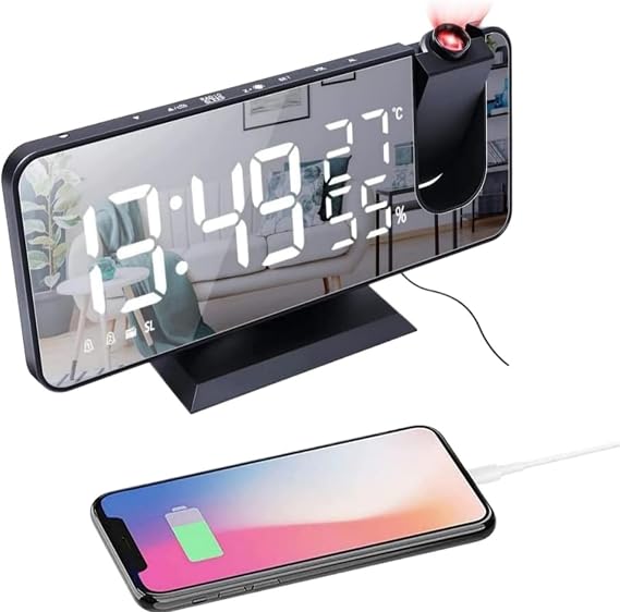 Projection Alarm Clock Radio 180 Rotatable Ceiling Projector with USB Charging for Bedroom (Black)
