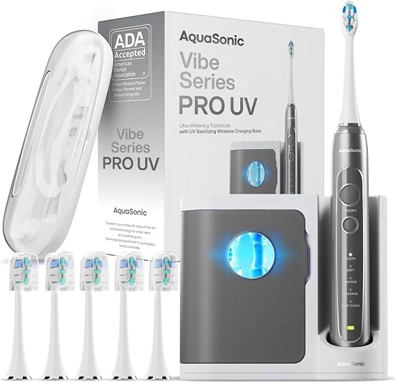 Aquasonic Vibe Series PRO Ultra-Whitening Electric Toothbrush 5 Modes & Smart Timers UV Sanitizing Base ADA Accepted (Charcoal Metallic)
