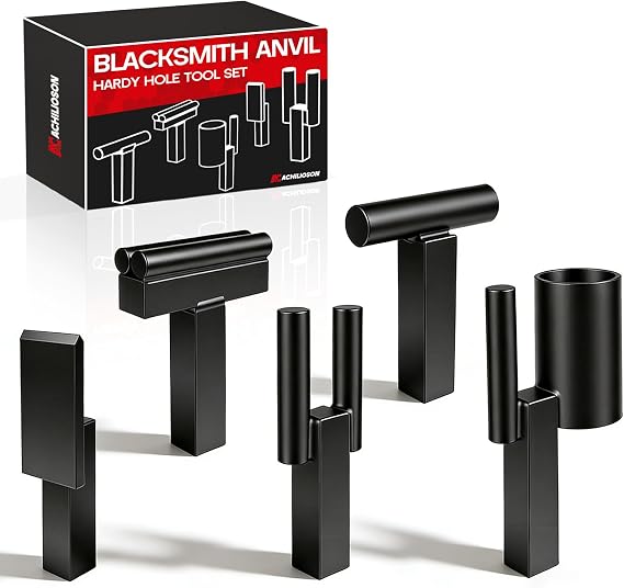 1 Inch Blacksmith Anvil Hardy Hole Tools Set, 5PCS Blacksmithing Forge Forging Tool for Metalworking, with Hot Cut, Bottom Fuller, Creasing Stake, Turning, Bending, Scrolling & Twisting Kit