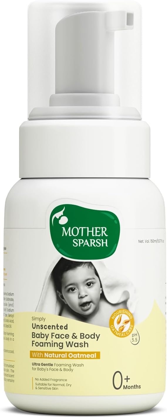 Mother Sparsh Simply Unscented Foaming Baby Face & Baby Body Wash With Natural Oatmeal-150ml | Head to Toe Tear-Free Formula for Newborn's Sensitive Skin