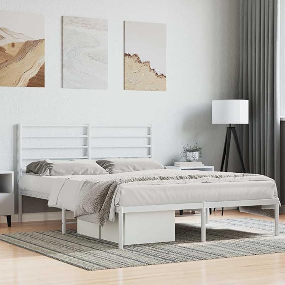 White Metal Bed Frame 140x190 cm with Headboard, Robust Steel Slats and 26 cm Under-Bed Storage Space, Easy Assembly Single Bed Frame for Guest Room Bedroom
