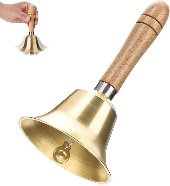 Super Loud Hand Bell with Wooden Handle, Solid Brass Held Metal Christmas Bells, Ringing Sound Supply Service Call Handbells for Elderly People at Home, Wedding, Animal Training, School, Dinner, Tea