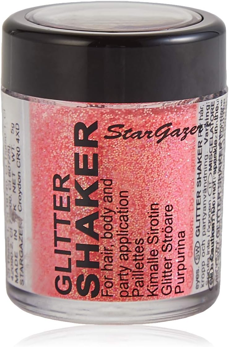Stargazer Pastel Glitter Shaker, Coral. Cosmetic glitter powder for use on the eyes, lips, face, body, hair and nails