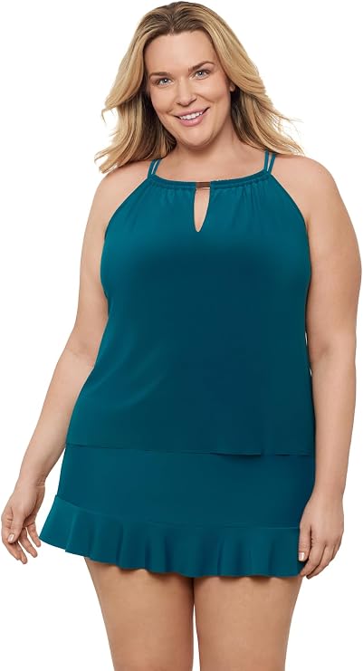 Aqua Green Women's Keyhole High Neck Full Coverage Adjustable Tankini Swim Top