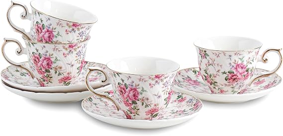 Agyiuns tea cups and saucers ceramic coffee mug 6oz for Coffee, Latte, Cafe Mocha (Big flowers-Set of 4)