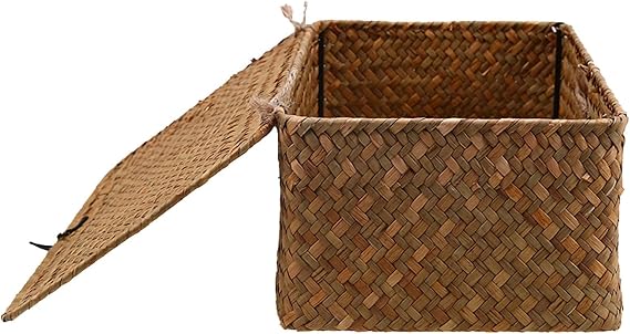Seagrass Storage Basket, Handwoven Seagrass Basket with Lid, Rectangular Laundry Basket, Natural Storage Basket, Versatile for Hallway, Balcony, Sc, M