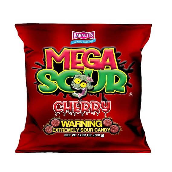 Barnetts - Mega Sour Candy Cherry 500g (17.6 ounces) - Trendy Sweet Bags - Traditionally Handmade Sweets - Sour Coating Lasts 20 Seconds - Candies for Party Bag, Gift Hamper, or Hamper Box