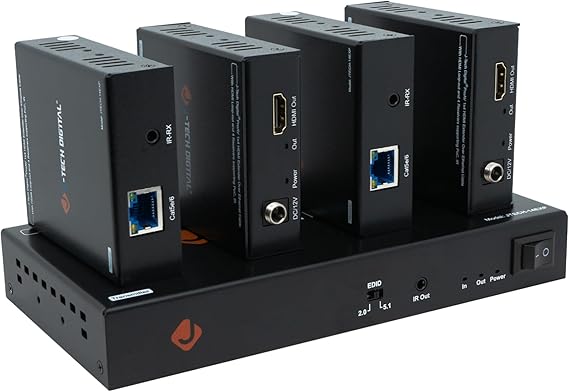 J-Tech Digital 1080P 60Hz HDMI Extender Splitter Over Single Cat5e/6 Ethernet Cable 1 in 4 Out Up to 164ft. Features Local HDMI Loop-Out, PoC, IR Control, Audio EDID Switch