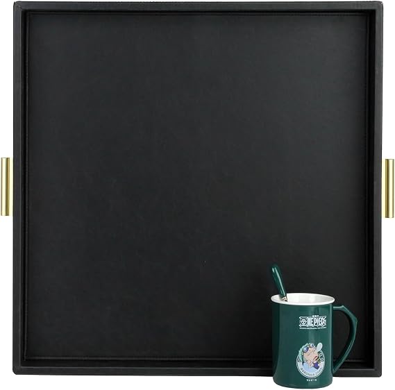 HofferRuffer Elegant Decorative Serving Tray, 20"x20" Square Faux Leather Ottoman Tray with Gold Hardware Handles, Coffee Table Serve Tea, Coffee or Breakfast (Black)
