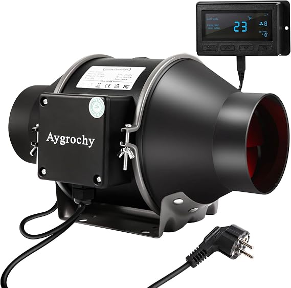 Aygrochy Quiet 6” Inline Duct Fan with Temperature Humidity Controller - Ventilation Exhaust Fan Using for Heating Cooling Booster, Grow Tents, Hydroponics,Home use Ventilation and Exhaust Blower.
