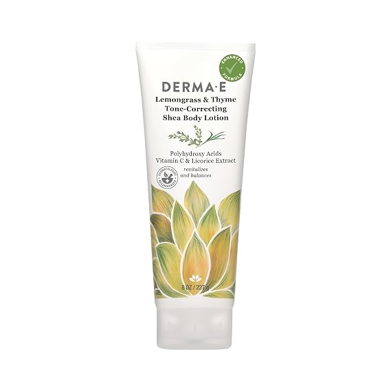 Derma E Lemongrass and Thyme Tone-Correcting Shea Body Lotion Vegan Vitamin C, Licorice and Vitamin E Body Moisturizer for Dry Skin Intensive Therapy Moisturizing Cream, 8 oz