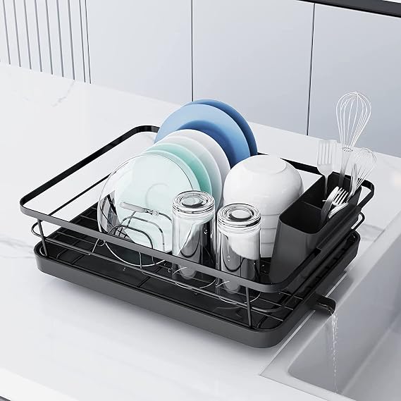 Dish Drying Rack,Space-Saving Dish Rack, Dish Racks for Kitchen Counter, Stainless Steel Kitchen Drying Rack with a Cutlery Holder, Drying Rack for Dishes, Knives, Spoons,