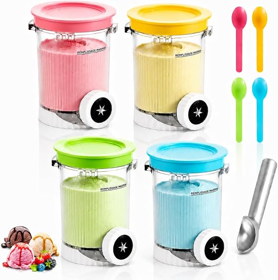 4 Pack Replacement Ice Cream Pints and Lids Compatible with Ninja Creami Scoop & Swirl Soft Serve Makers, Fits NC701UK, NC700UK, NC701 Series, BPA-Free, Dishwasher Safe with Colorful Spoons