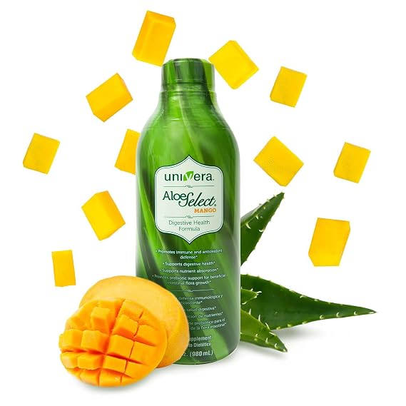 Univera Aloe Vera Juice, Preminum Organic Aloe Vera, Digestive Enzymes for Gut Health, Immune Support, Prebiotic Supplement, Mango Flavor, 30 Day Supply (33 fl oz)