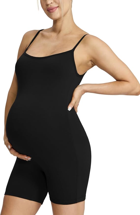 POSHDIVAH Maternity Spaghetti Strap Bodysuit Shorts