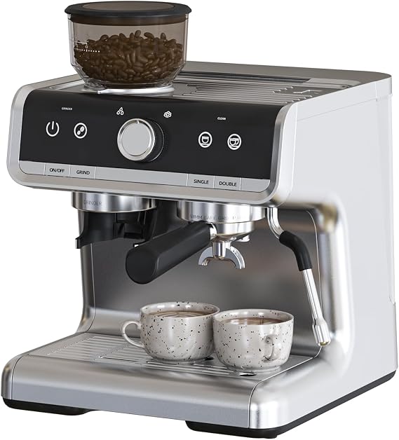 Espresso Machine with Built-in Grinder & Milk Frother, 15 Bar Semi-Automatic Coffee Maker with Steam Wand, 2.5l Water Tank, Italian Pump System, Stainless Steel Construction