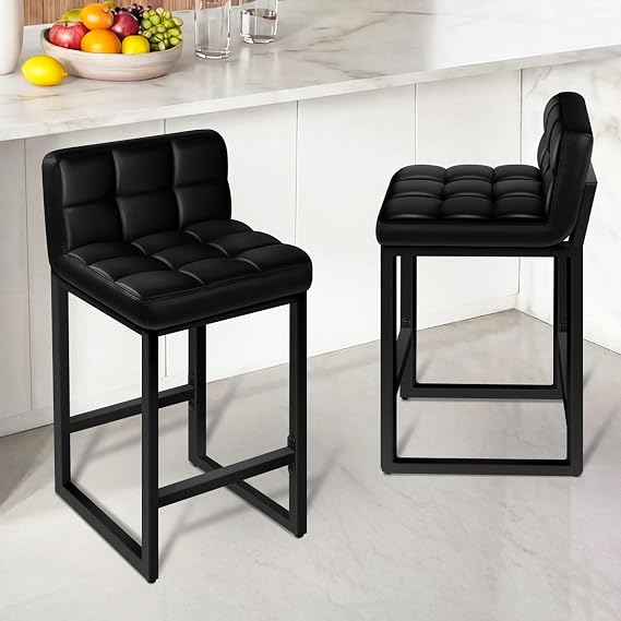 ALFORDSON 65CM Bar Stools Set of 2, Durable Metal Frame Bar Chairs with Faux Leather Padded Seat, Low Back Counter Height Barstools with Footrest for Kitchen Island, Home Bar & Restaurant, Black