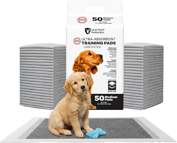 FPN Puppy Pads for Dogs 50 Count Charcoal Small 18X24 Inch | Disposable Pee Pads for Puppies & Small Dogs | Designed as dog training pads, puppy pee pads, and pet training pads for everyday indoor use