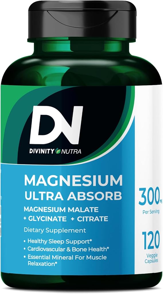 Divinity Nutra Triple Magnesium Complex Supplement,300mg of Magnesium Glycinate, Malate & Citrate for Muscles, Nerves, Energy, High Absorption, 120 Vegan Capsules,Non-GMO USA Made