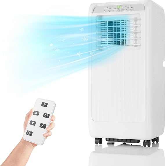 8000 BTU White Portable Air Conditioner 3-In-1 Cooling AC, Fan & Dehumidifier With Remote Control, Air Conditioner With 24H Timer, Sleep Mode,Perfect for Rooms Up to 300 Sq.Ft