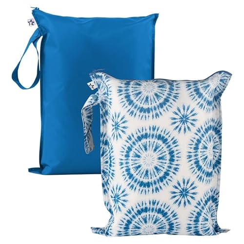 Tiny Twinkle Mess Proof Wet Bags | 2-Pack Reusable Waterproof Wet Bags for Swimsuits | Baby Clothes | Travel & Diaper Bag Blue Tie Dye