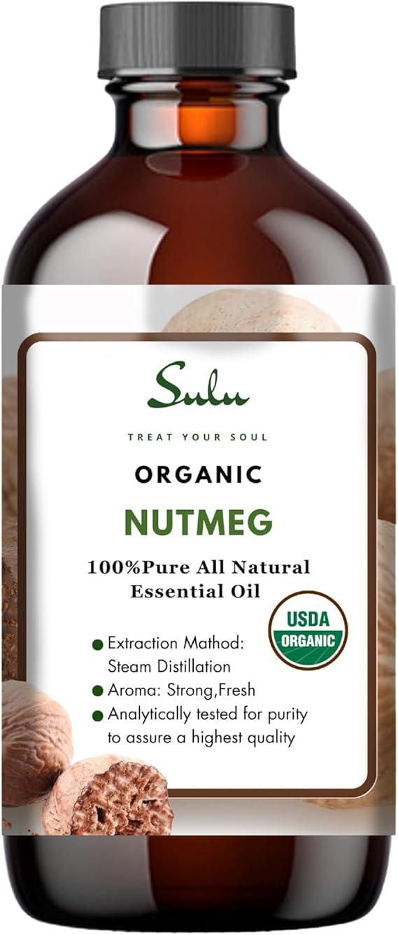 USDA Certified Organic 100% Pure Steam Distilled Essential Oils for Aromatherapy-Skin Care Formulations-All Purpose Household Use- Cruelty Free-Vegan (8 fl.oz, Nutmeg)