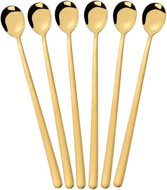 Long Handle Spoon, 9.25-inch Stainless Steel Iced Teaspoon Titanium Colorful Plated Spoons for Mixing,Tea,Milkshake,Coffee (Set of 6, Gold)