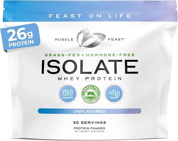 Muscle Feast Grass-Fed Whey Protein Isolate, All Natural Hormone Free Pasture Raised, Whey Isolate Protein Powder for Men and Women, Clean, Non-GMO & Gluten-Free Isolate Protein - Unflavored, 2lb