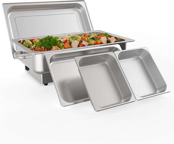Electric Chef Chafing Dish Buffet Set 9QT Buffet Servers and Warmers Digital Display Temperature with 1 Full-Size Pan & 2 Half-Size Pan Warming Tray Stainless Steel Food Warmer for Parties Commercial