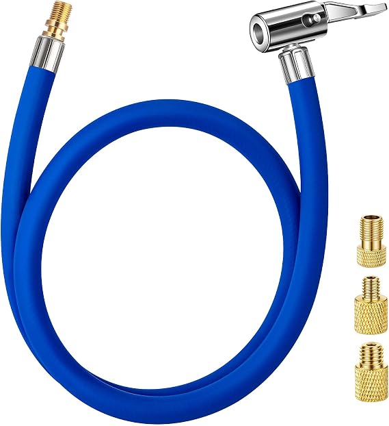 LUMITECO 31" Tire Inflator Hose Adapter with Converting Nuts, Lock On Air Chuck with Blue Rubber Hose for Quick Connect, Schrader to Presta Valve Adapter Hose Replacement for Air Compressor Tire Pump