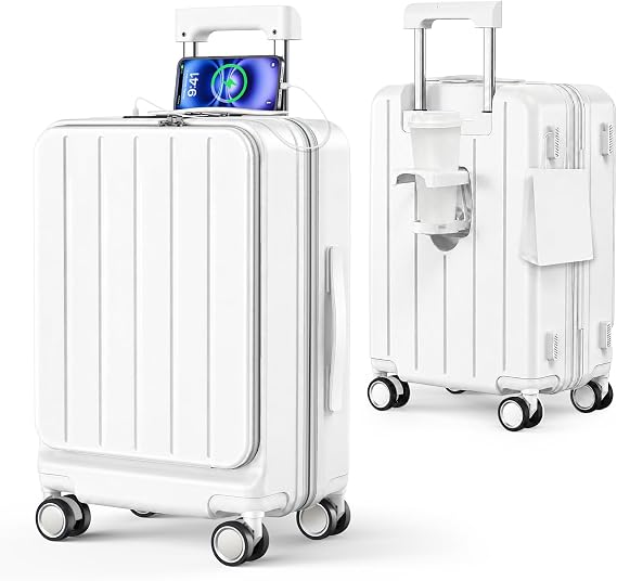 BARGOHOY Suitcase, Front Opening, Carry Case, Expansion Function, Ultra Lightweight, USB Port, TSA Lock, Quiet Double Caster White, Medium Size, 63L 4-7 Nights
