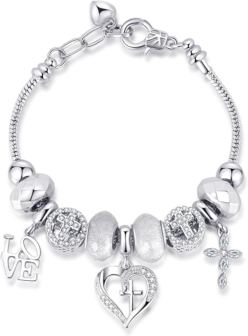 Charm Bracelet for Women, with Crystal and Heart Shape Glass Beads Sliver CZ Cross Snake Chain Bracelet, Trendy Charm Bracelet Jewelry Valentine's Day Gifts for Women