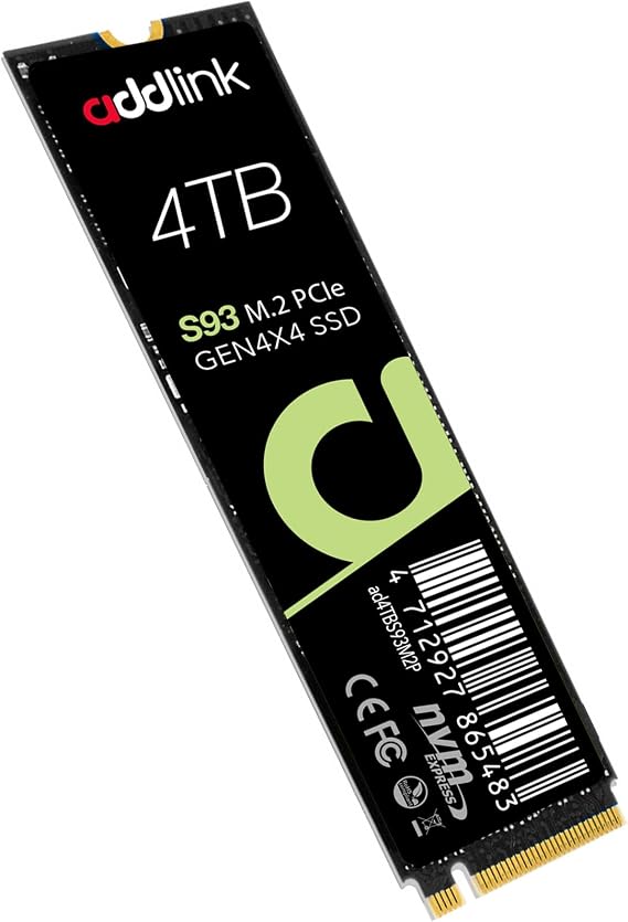 Addlink S93 4TB PCIe 4.0 M.2 Gen 4 Bellek Genişletme SSD, 7400 MB/sn'ye kadar, Dizüstü Bilgisayar, Oyun ve İçerik Oluşturucular için HMB Teknolojili Dahili Katı Hal Sürücüsü