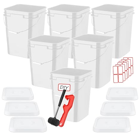 5 Gallon Bucket with Lid, Square Food Grade Plastic Pail with Metal Handles, Heavy Duty Industrial Storage Containers with DIY Stickers, Rubber Mallet, Lid Opener (6 Pack, White)