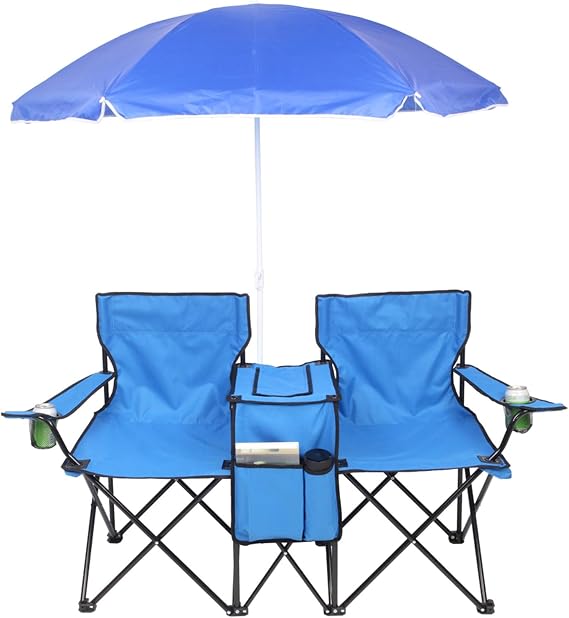 Folding Double Camping Chair w/Umbrella Beverage Holder Carrying Bag Cooler Fold Up Table, Large Bearing Capacity for Beach Patio Pool Park Outdoor (Grey)