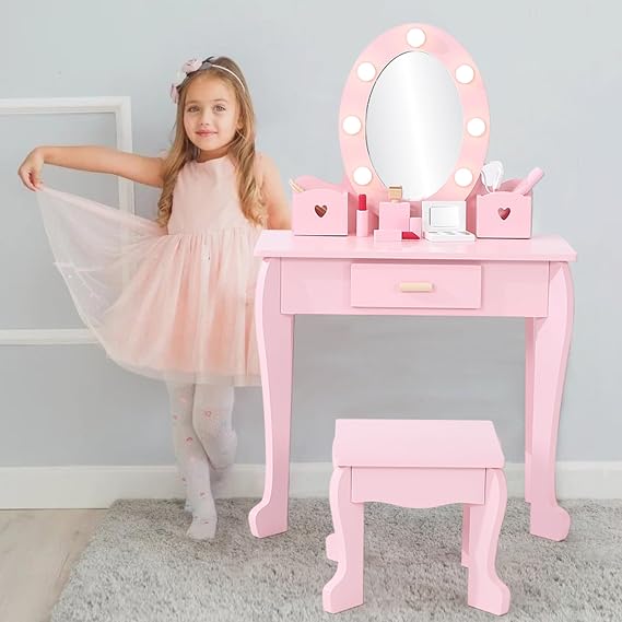 GarveeHome Kids Vanity with Lighted Mirror, Toddler Vanity Table and Chair Set, Girls Makeup Playset, Pink