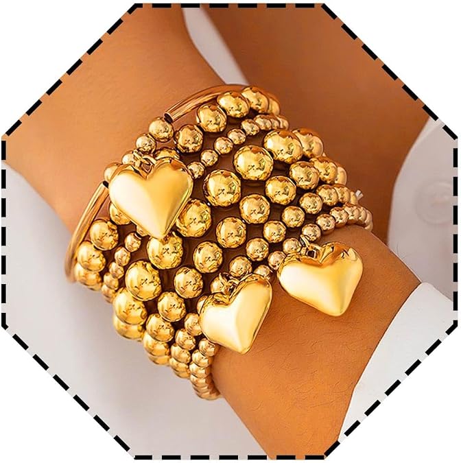 Gold Beaded Stackable Bracelets Stretchy Hand Chains for Women