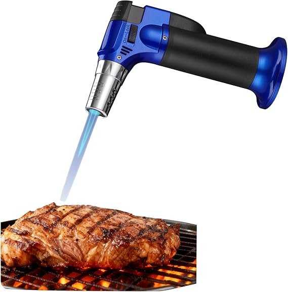 1 Pcs Butane Torch, Refillable Blow Torch Lighter, Kitchen Butane Torch with Lock Adjustable Flame for BBQ, Brulee Creme, Baking,Blue,3.4''x5.1''x2''