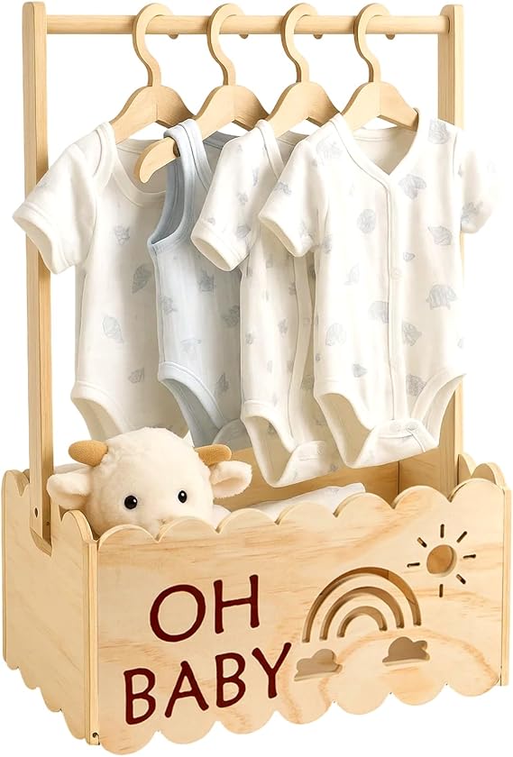 Wooden Baby Shower Crate Basket and Baby Hamper Basket for Newborn Baby Girl Boy Nursery Storage Box Baby Shower Decoration (Beige 13.7*8.9in)
