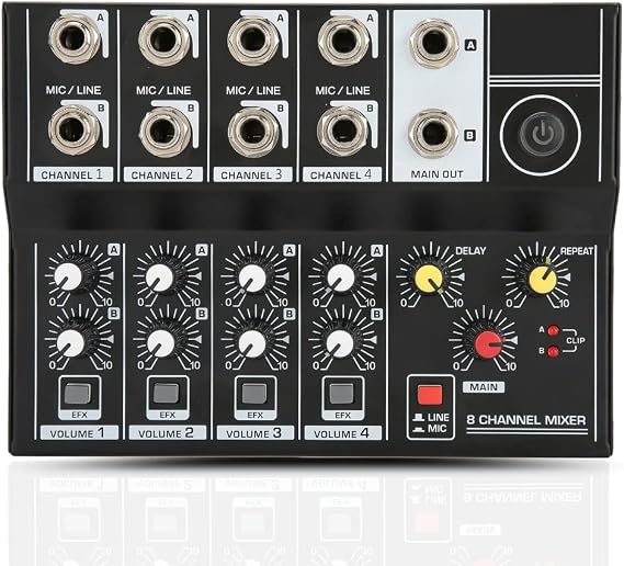 Professional Audio Mixer, Portable 8‑Channel Input Stereo Audio Mixer Sound Board Console Microphone Amplifier Console for Studio, Podcasting