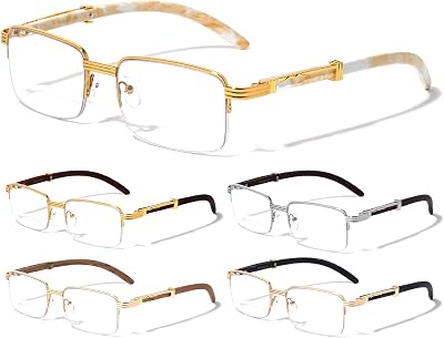 Executive Half Rim Rectangular Metal & Wood Eyeglasses  Clear Lens Sunglasses