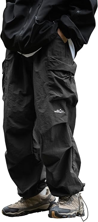 Men's Baggy Cargo Pants Casual Parachute Pants Loose Fit Hip Hop Hammer Lightweight Waterproof Pants with Pockets
