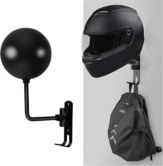 Motorcycle Helmet Stand,Wall Mount Rotatable Helmet Display Storage Rack,Can Hang Baseballs Rugby bicycle Caps bag Keys and Coats.