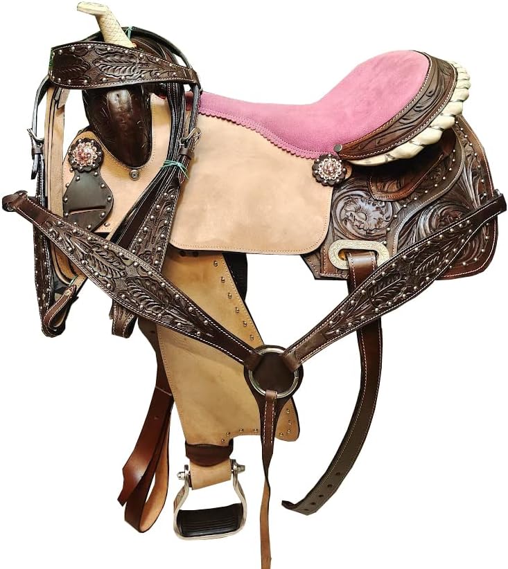 Classic Quality Handmade Premium Leather Western Barrel Racing Equestrian Trail Horse Saddle TACK, Included Matching Headstall, Breast Collar & REINS, Size 17 inches Seat