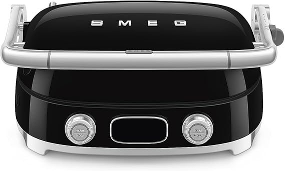 SMEG MGF01 Multi-Use Countertop Electric Grill, with Interchangeable Plates, Panini Press, Waffle Maker & Grill, LCD Display, Sear Function, Adjustable Temperature, 50s Retro Style (Black)