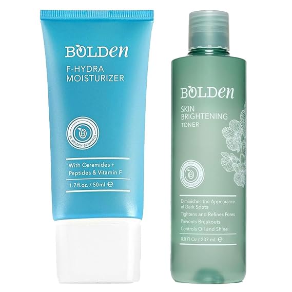 Bolden Skin Brightening Toner & F-Hydra Moisturizer Bundle | Targets Dark Spots, Oil & Dryness | with Glycolic Acid, Niacinamide, Hyaluronic Acid, Ceramides & Vitamin F | 8.0 fl oz + 1.7 fl oz
