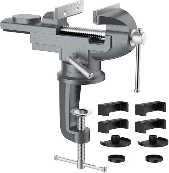 Housolution Universal Table Vise 3 Inch, 360Swivel Base Bench Clamp | Home Vise Clamp-On Vise Repair Tool Portable Work Bench Vise for Woodworking, Cutting Conduit, Drilling, Metalworking, Gray