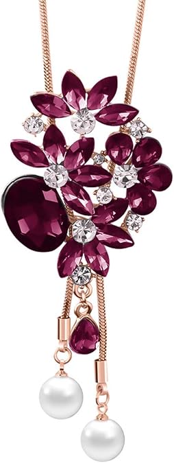 Merdia Flower Leaf Bouquet Created Crystal Pendant Long Chain Sweater Necklace | Long Necklaces for Women | Flower Necklaces for women | Long Chain Necklace for Women | Crystal Necklaces for Women